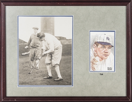 1926 Babe Ruth Signed & Inscribed Golf Photo With Perez-Steele Card In 17x13 Framed Display (JSA)